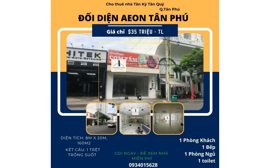 Cho thuê nhà Mặt Tiền cạnh AEON Tân Phú 160m2, 35 triệu, Ngang 8M